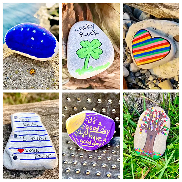 Decorated stones that have been placed around Shorewood by Mr Dittl.